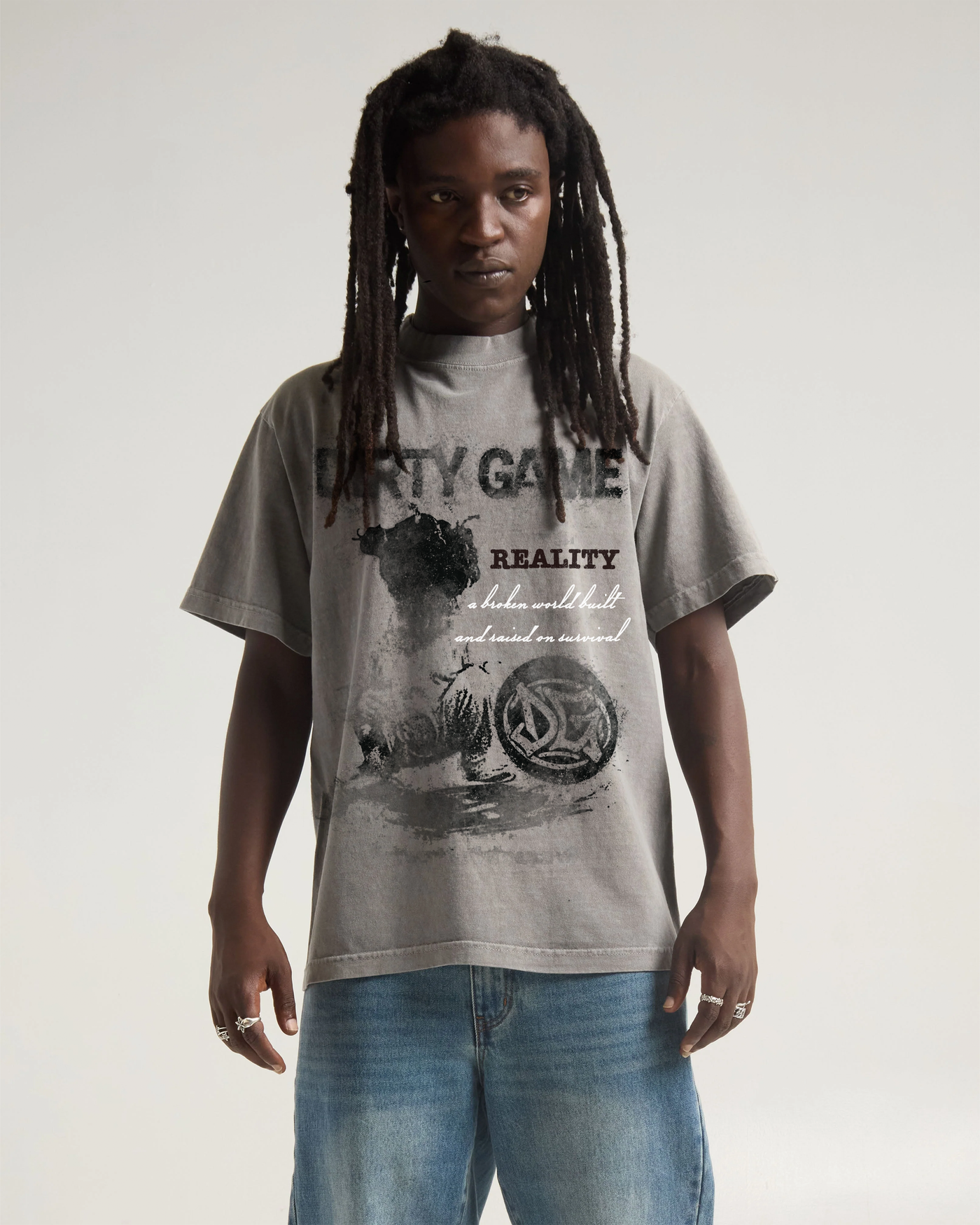 Grey Distressed "Reality" Short Sleeve T-Shirt